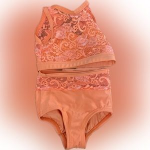 Details Dancewear Set
Bright Orange Lace top and lace waistband briefs